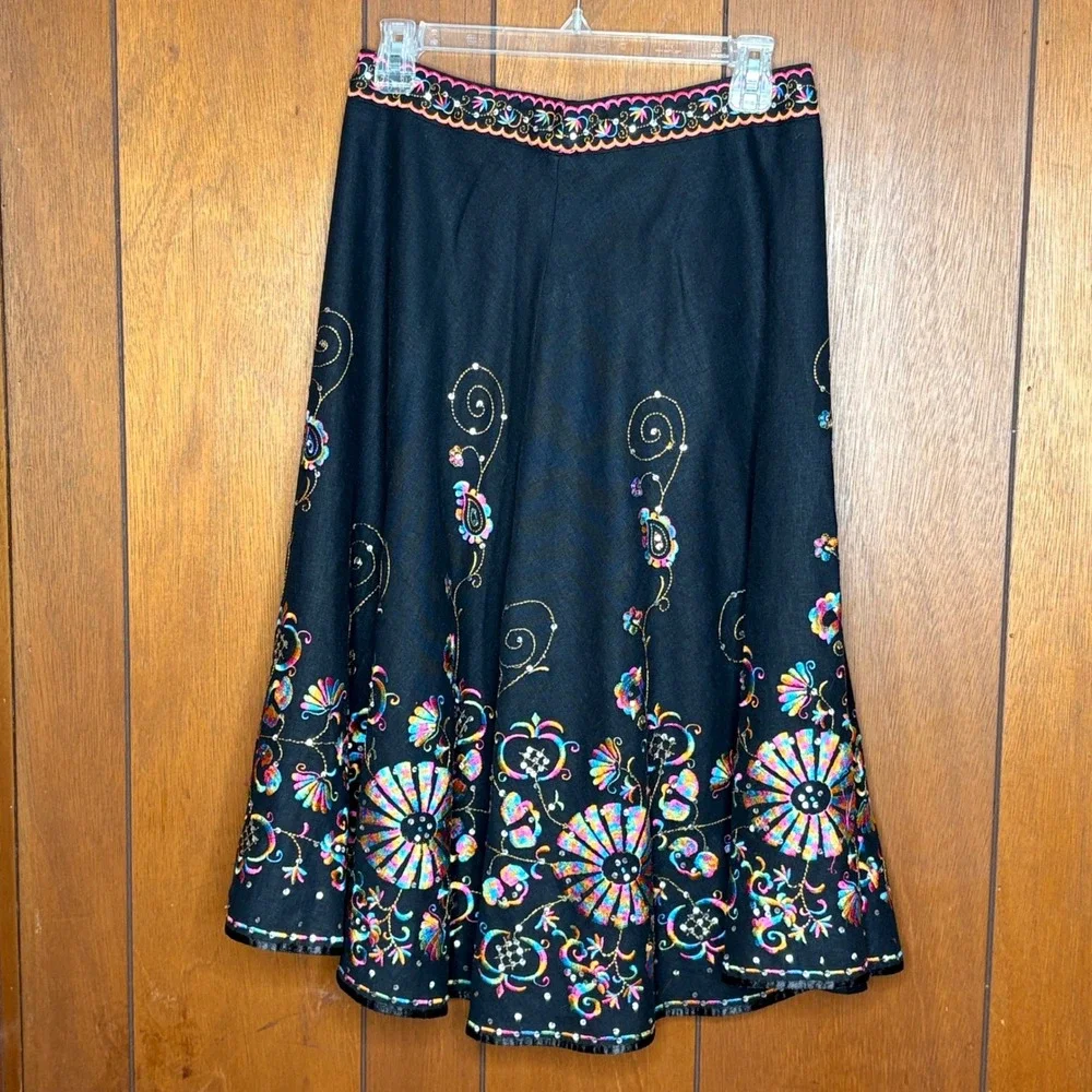 VTG Y2K Willi Smith Skirt 4 Black Embroidered Floral Boho Festival Whimsigoth